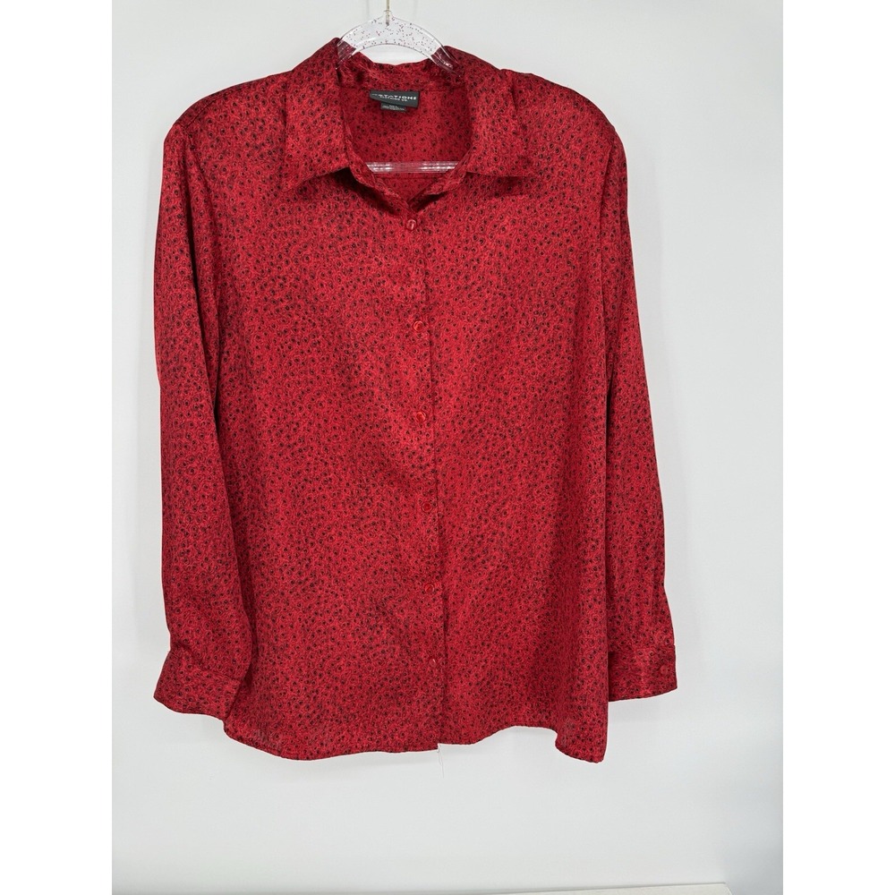Notations Woman Sz L VTG Blouse Shirt Satin Print Asian Red Holidays Very Pretty